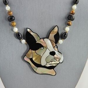 Lee Sands Mother Of Pearl Inlay Dog Pendant Necklace with Beaded Chain